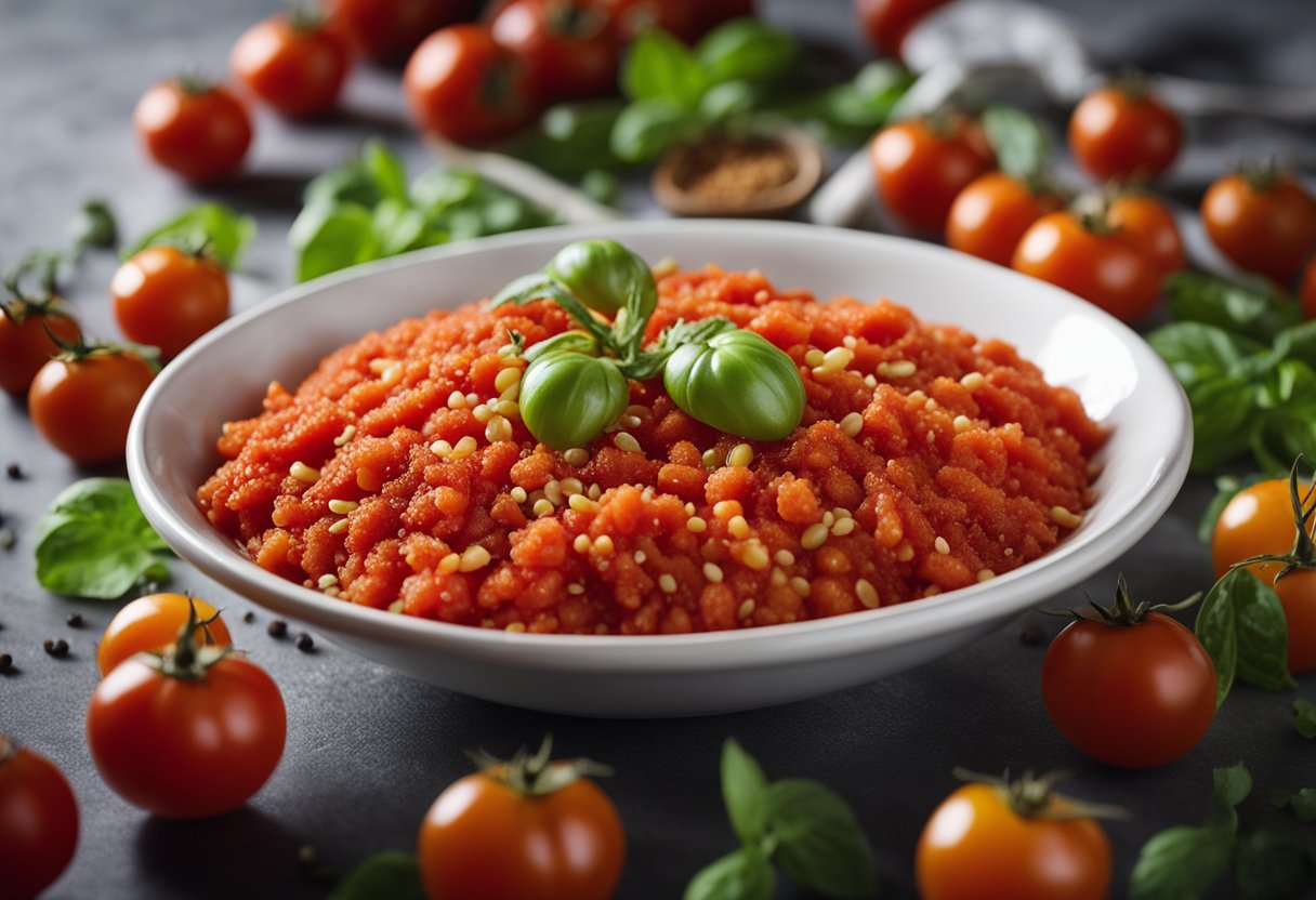 A bowl of freshly ground tomatoes with vibrant red color and juicy texture, surrounded by scattered tomato seeds and a hint of green stem