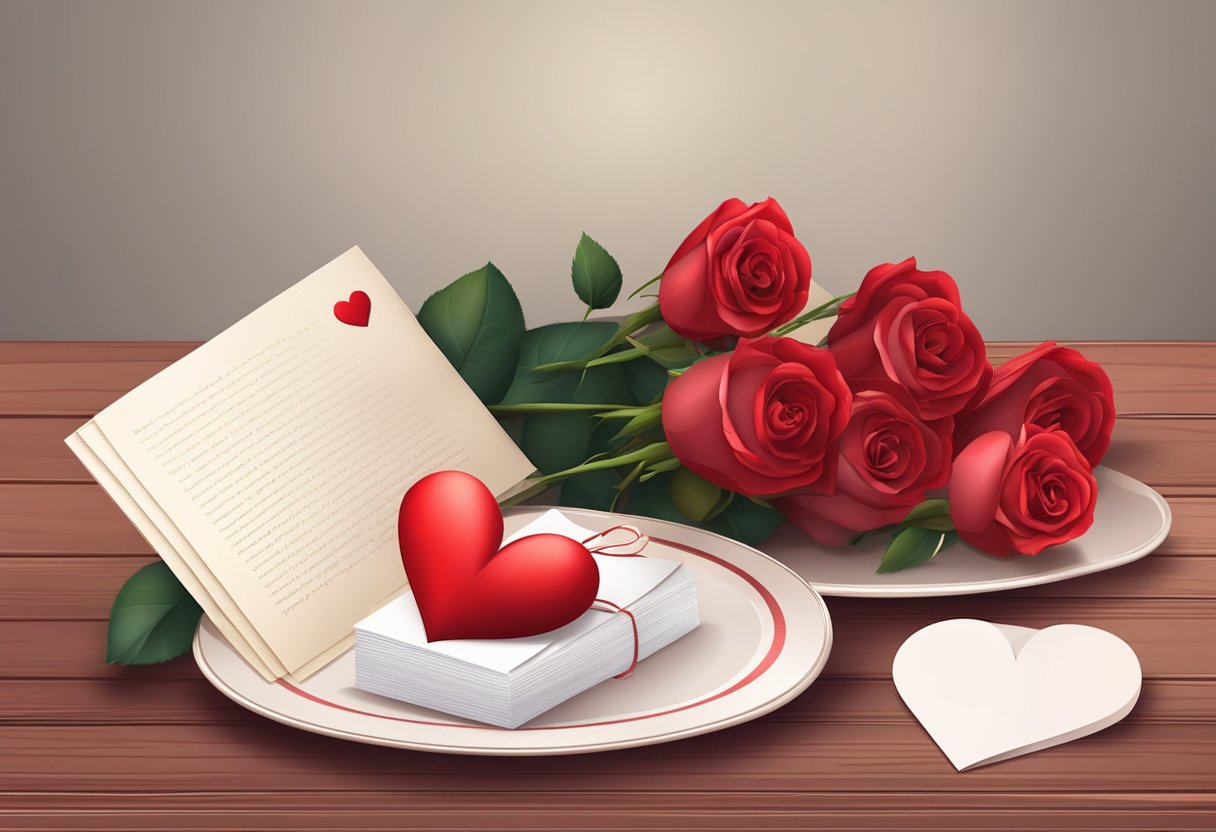 A table set with red roses, a heart-shaped card, and a love letter for Valentine's Day