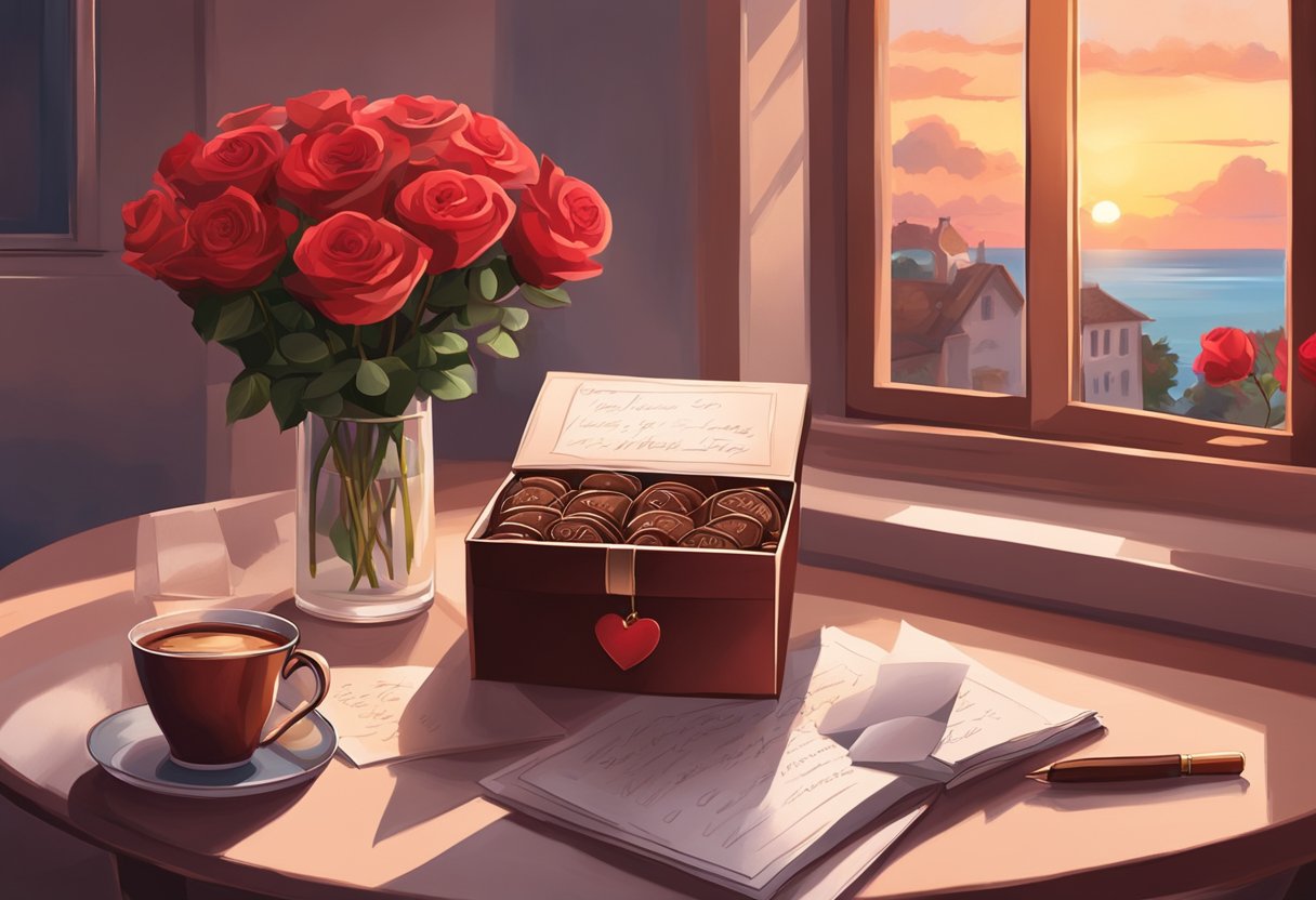 A heart-shaped box of chocolates sits on a table, surrounded by red roses and a handwritten love letter. An open window reveals a romantic sunset in the background