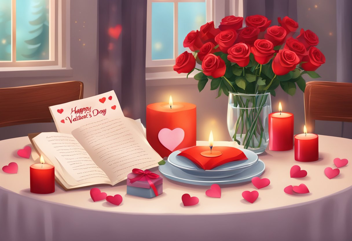 A table set with heart-shaped decorations, red roses, and a love letter. Candles flicker, casting a warm glow. A banner reads "Happy Valentine's Day" in bold letters