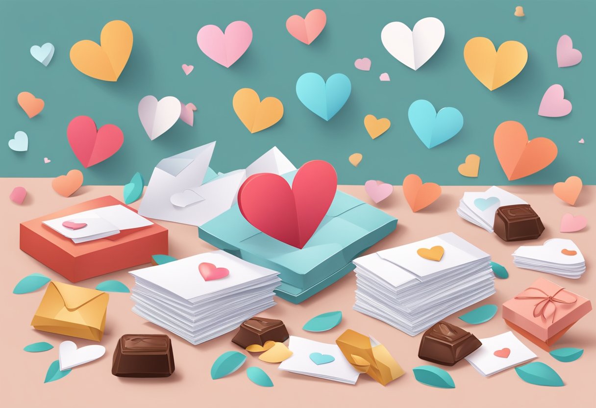 A pile of love letters and heart-shaped cards scattered on a table, surrounded by flowers and chocolates