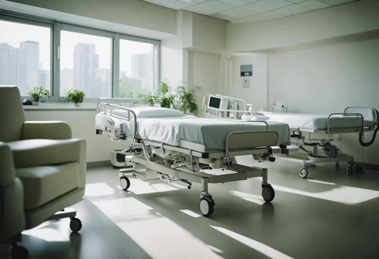 A hospital room with a neatly made bed, medical equipment prepared, and a calm atmosphere