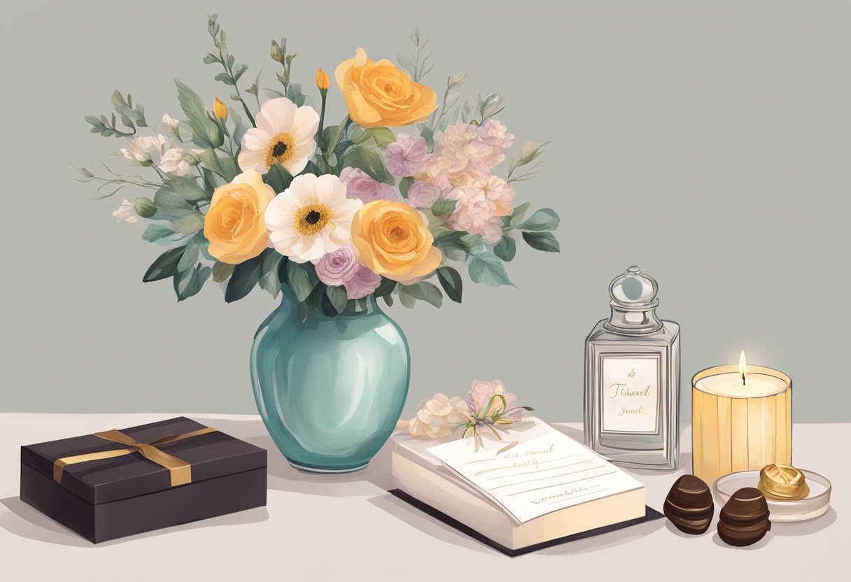 A table with a vase of fresh flowers, a box of chocolates, and a handwritten card on top. A delicate piece of jewelry is displayed next to a scented candle