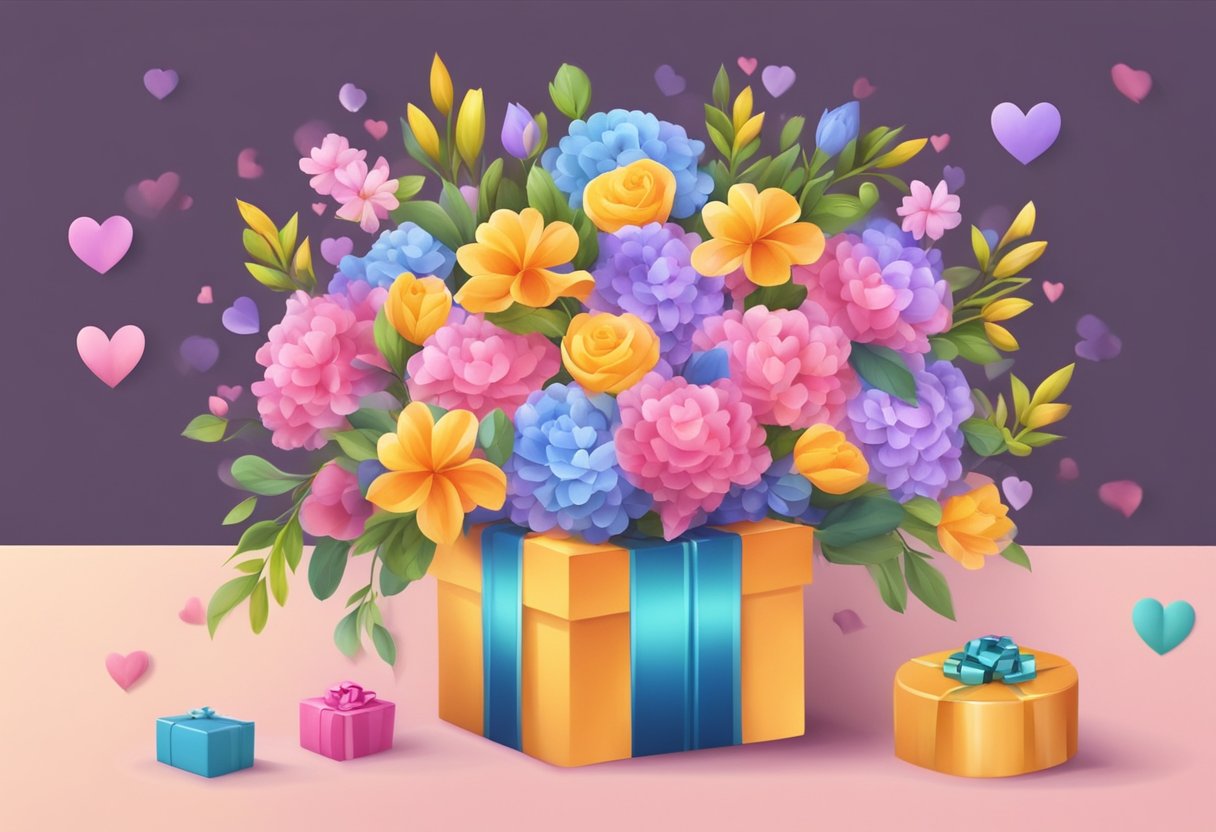 A bouquet of colorful flowers and a gift box with a ribbon, surrounded by hearts and symbols of love and appreciation