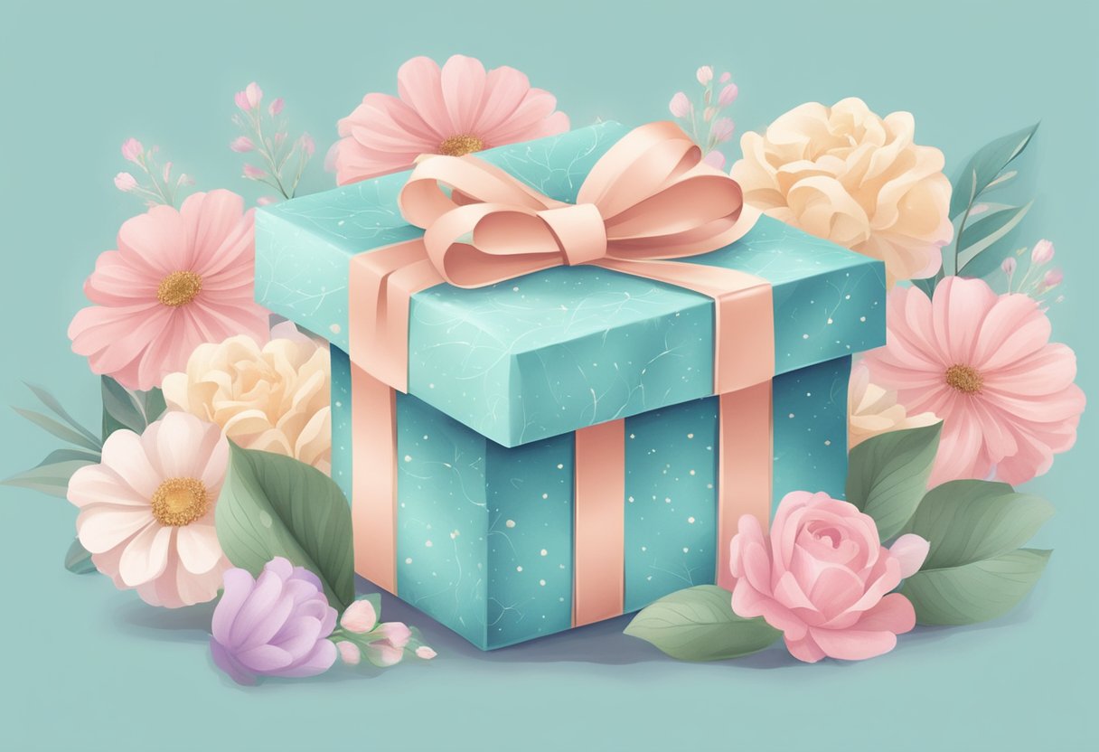 A beautifully wrapped gift box surrounded by flowers, chocolates, and a thoughtful card, all set against a backdrop of soft pastel colors and delicate patterns