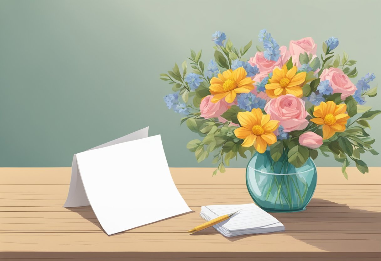 A bouquet of flowers and a thoughtful note on a table