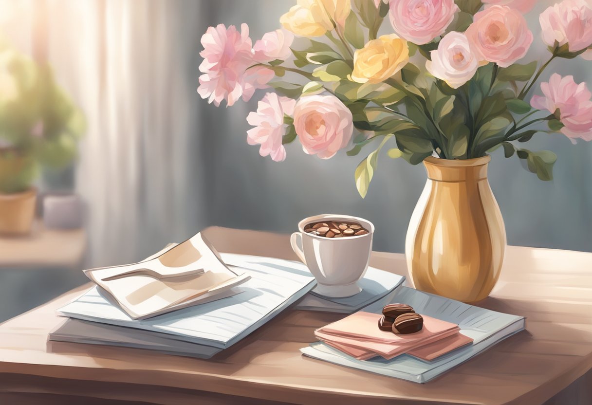 A table with a vase of fresh flowers, a box of chocolates, and a handwritten card. Soft lighting and cozy atmosphere