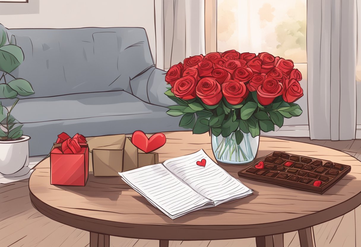 A bouquet of red roses and a heart-shaped box of chocolates on a table with a handwritten note saying "I love you" in a cozy living room