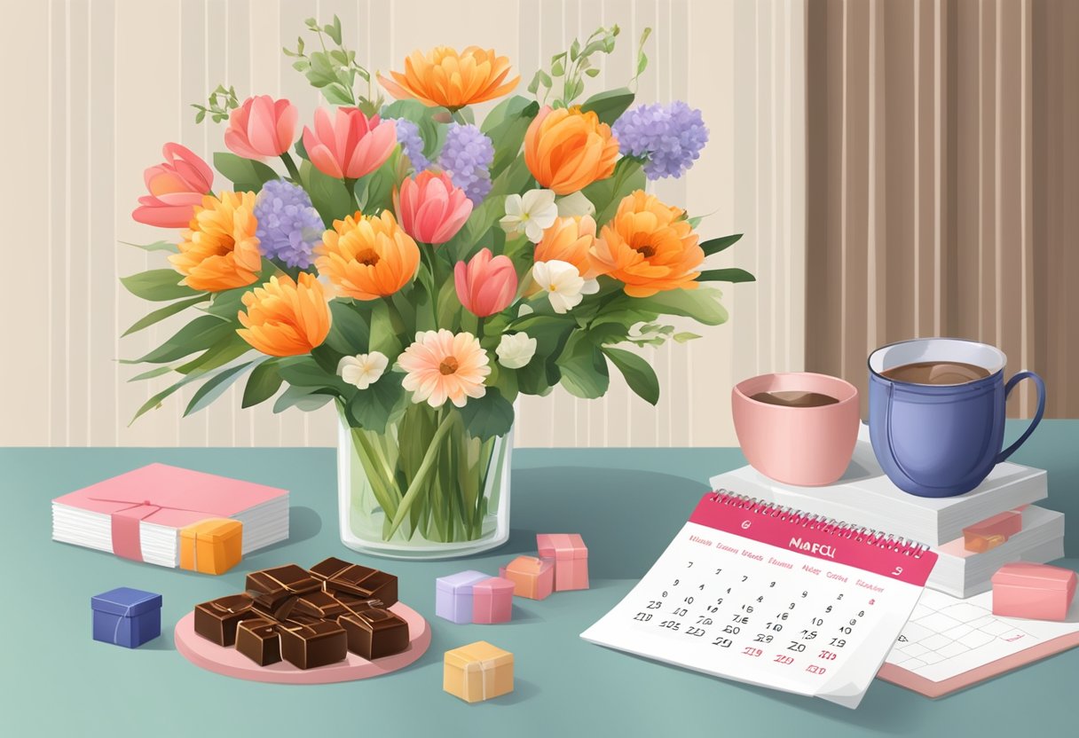 A table with a bouquet of flowers, a box of chocolates, and a greeting card. A calendar with March 8 circled in red
