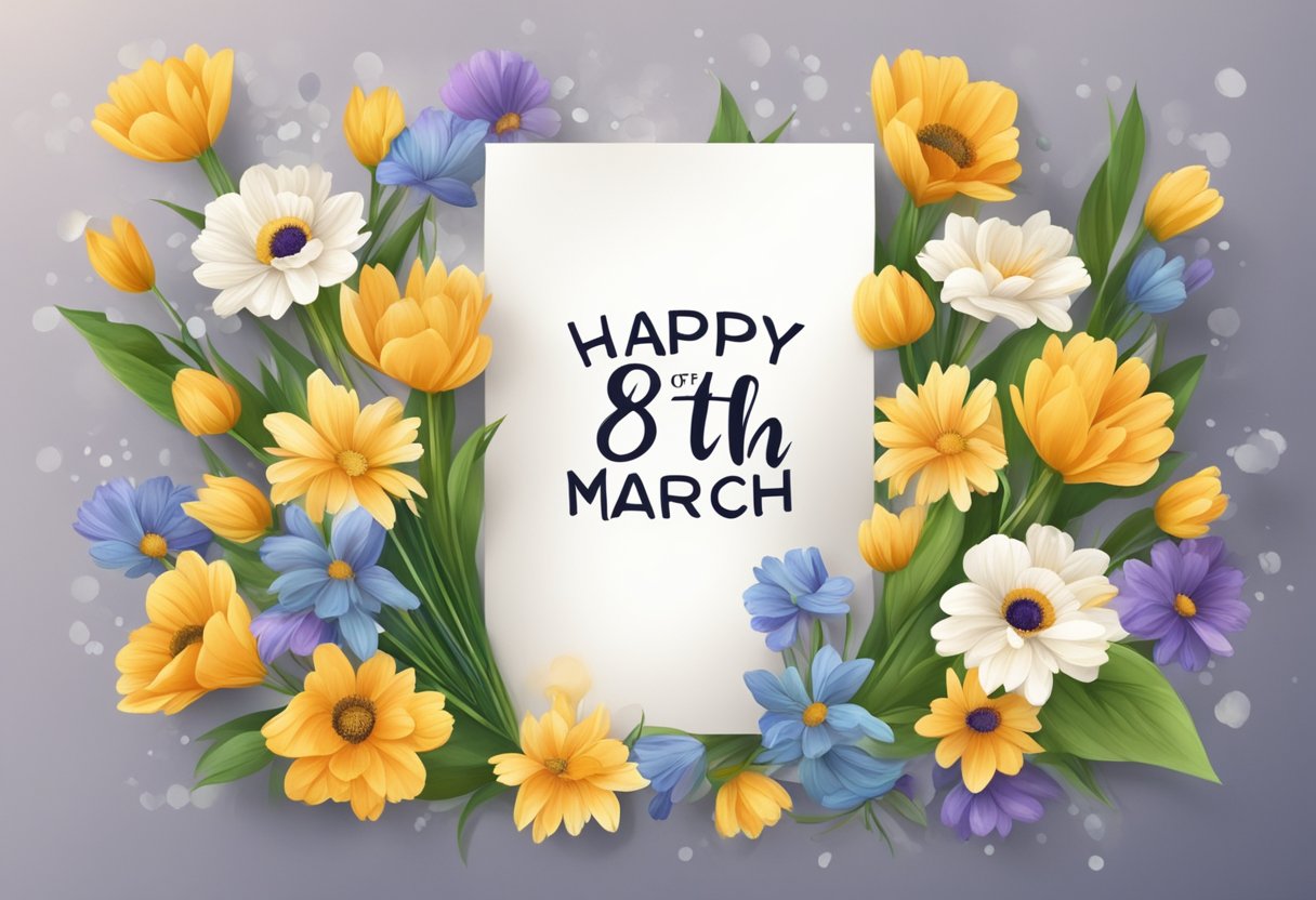 A bouquet of flowers and a greeting card with "Happy 8th of March" written on it