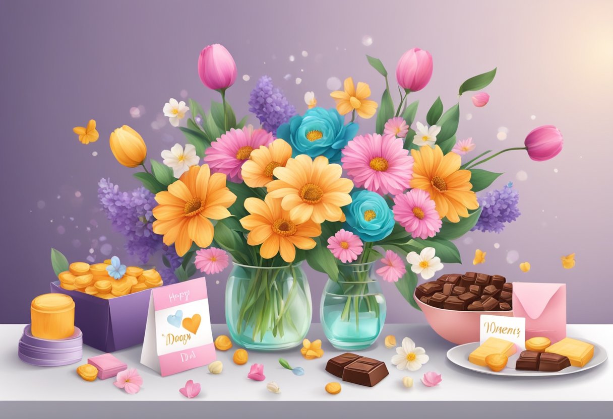 A table with colorful flowers, chocolates, and greeting cards for International Women's Day