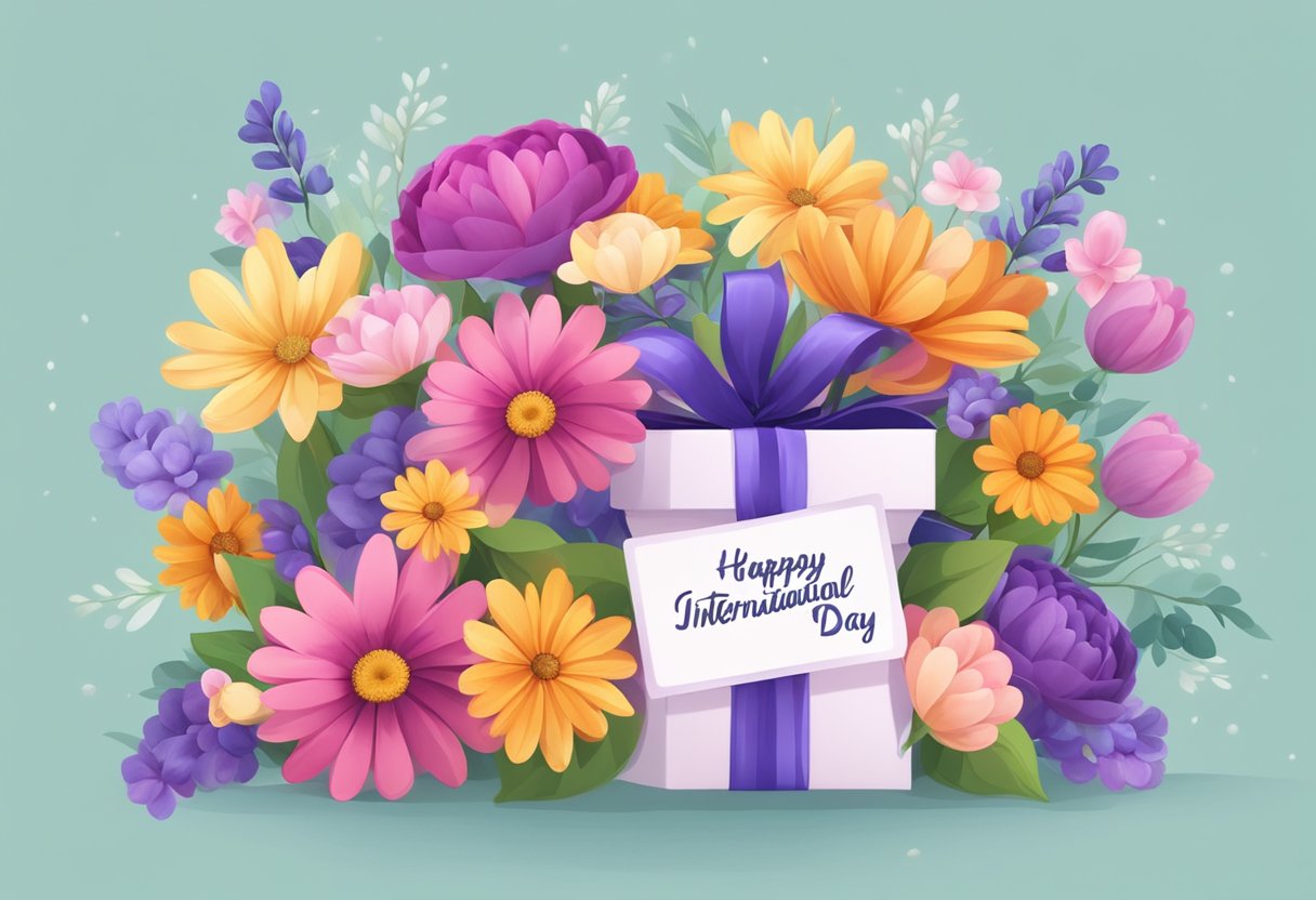 A bouquet of colorful flowers arranged in a vase with a ribbon, surrounded by small gift boxes and a card with "Happy International Women's Day" written on it