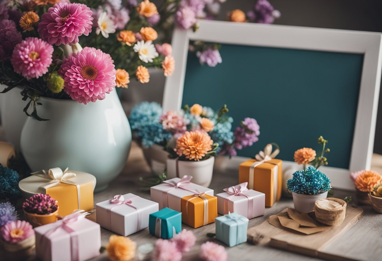 A table with a variety of colorful flowers in vases, surrounded by small gift boxes and decorative ribbons. A card with "Završne misli Koje cveće pokloniti za 8. mart?" is placed on the