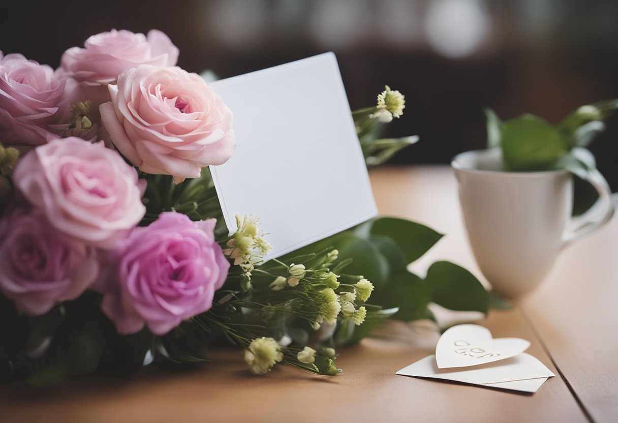 A bouquet of flowers and a thoughtful card on a desk