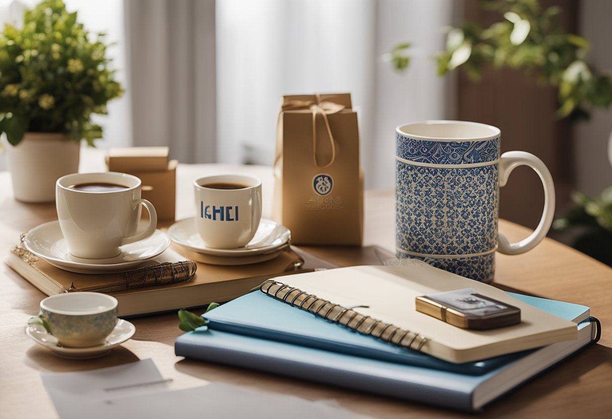 A table with personalized gifts for a teacher on International Women's Day. Items include mugs, notebooks, and pens with "Lični Pechat" logo