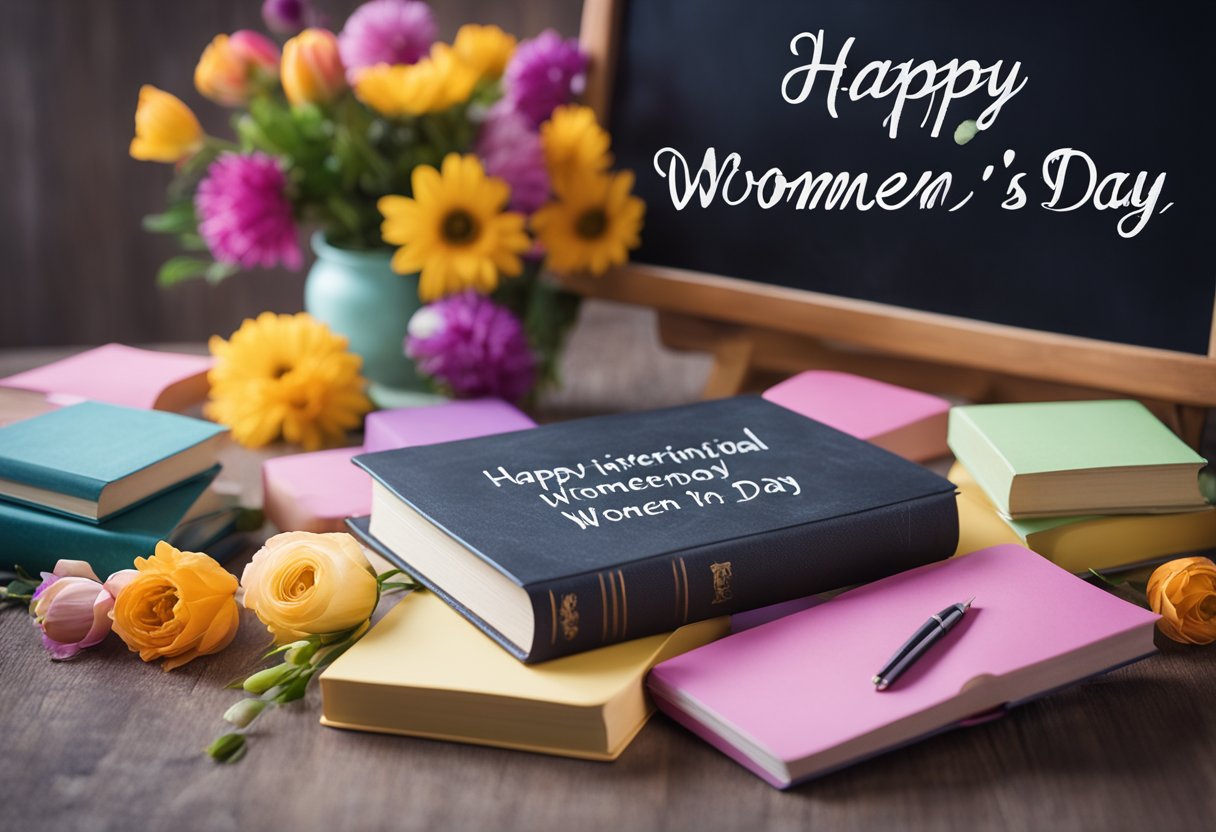 A table adorned with flowers, books, and a thoughtful note. A chalkboard with "Happy International Women's Day" in colorful chalk