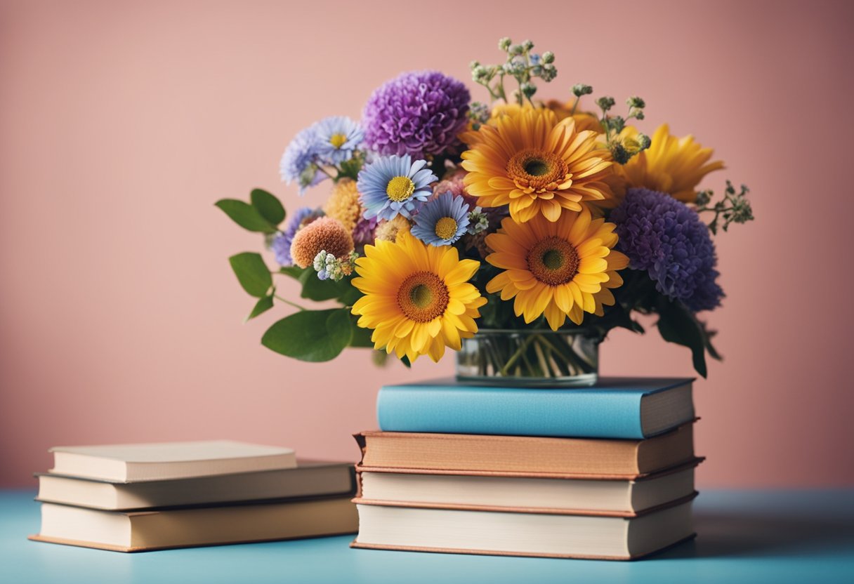 A bouquet of colorful flowers and a stack of books on a desk