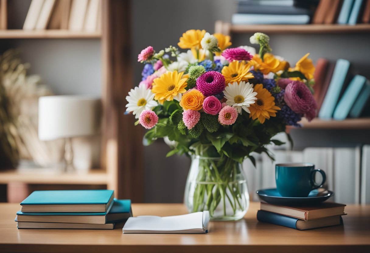 A bouquet of vibrant flowers and a stack of colorful books on a desk, with a thoughtful note attached