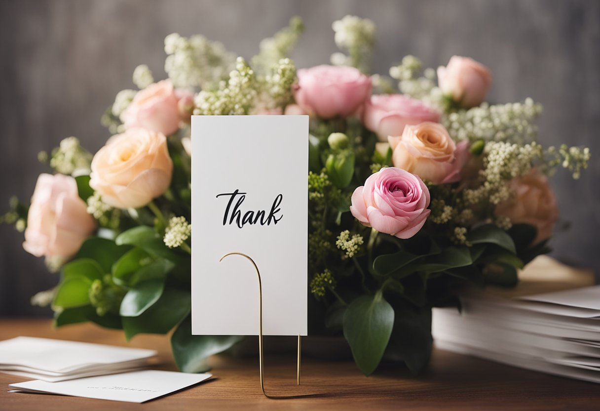 A bouquet of flowers and a thank you card on a desk