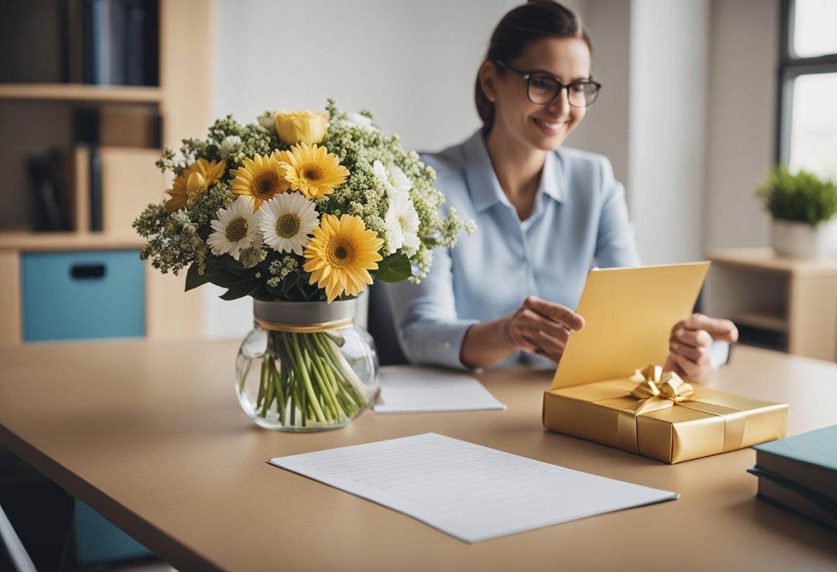 A teacher receiving a gift on March 8th, with a thoughtful expression and a bouquet of flowers on a desk