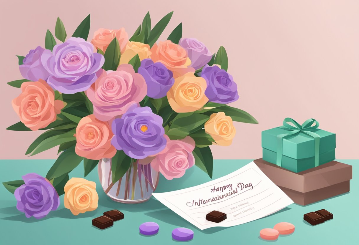 A bouquet of flowers and a small box of chocolates on a desk with a "Happy International Women's Day" card