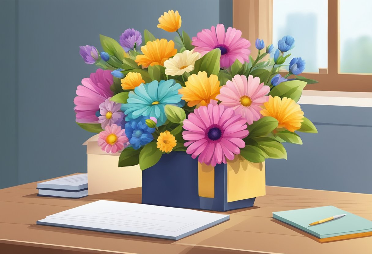 A bouquet of colorful flowers and a small gift box on a desk