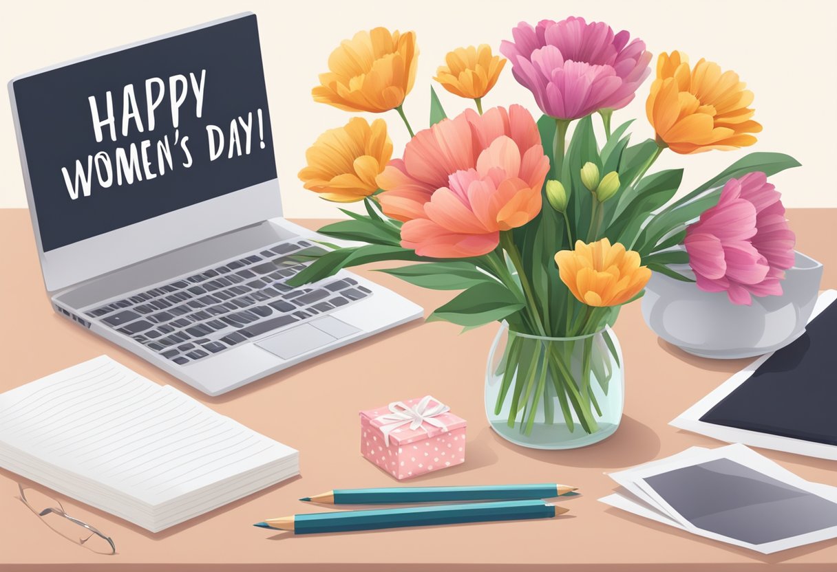 A desk with a bouquet of flowers, a small gift box, and a card with "Happy International Women's Day" written on it
