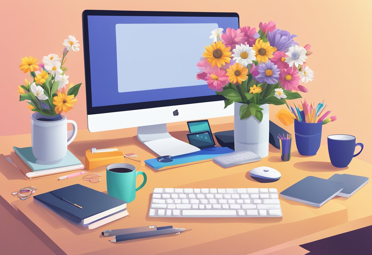 A desk with a bouquet of flowers, a personalized mug, and a small gift box. A computer screen displaying "Happy International Women's Day" with office supplies scattered around