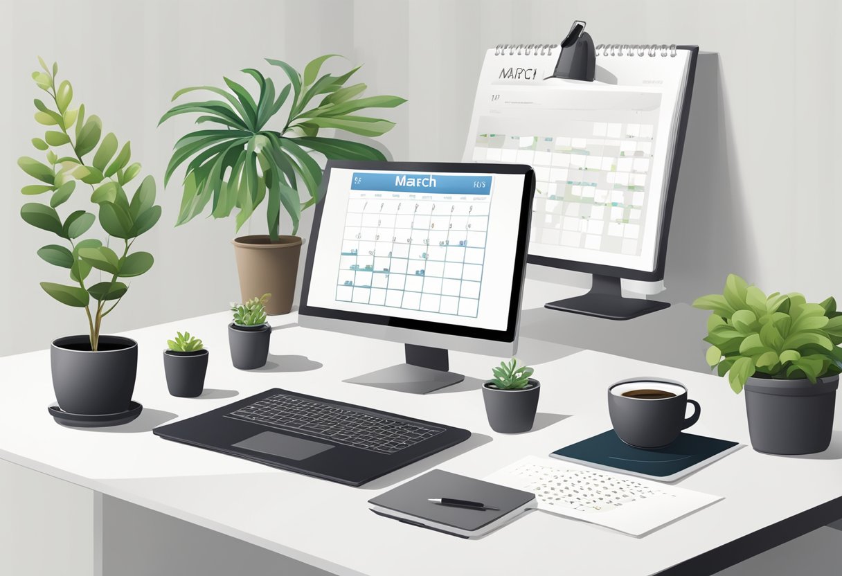 A desk with a computer, coffee mug, and potted plant. A calendar showing March 8. Gift options scattered on the desk