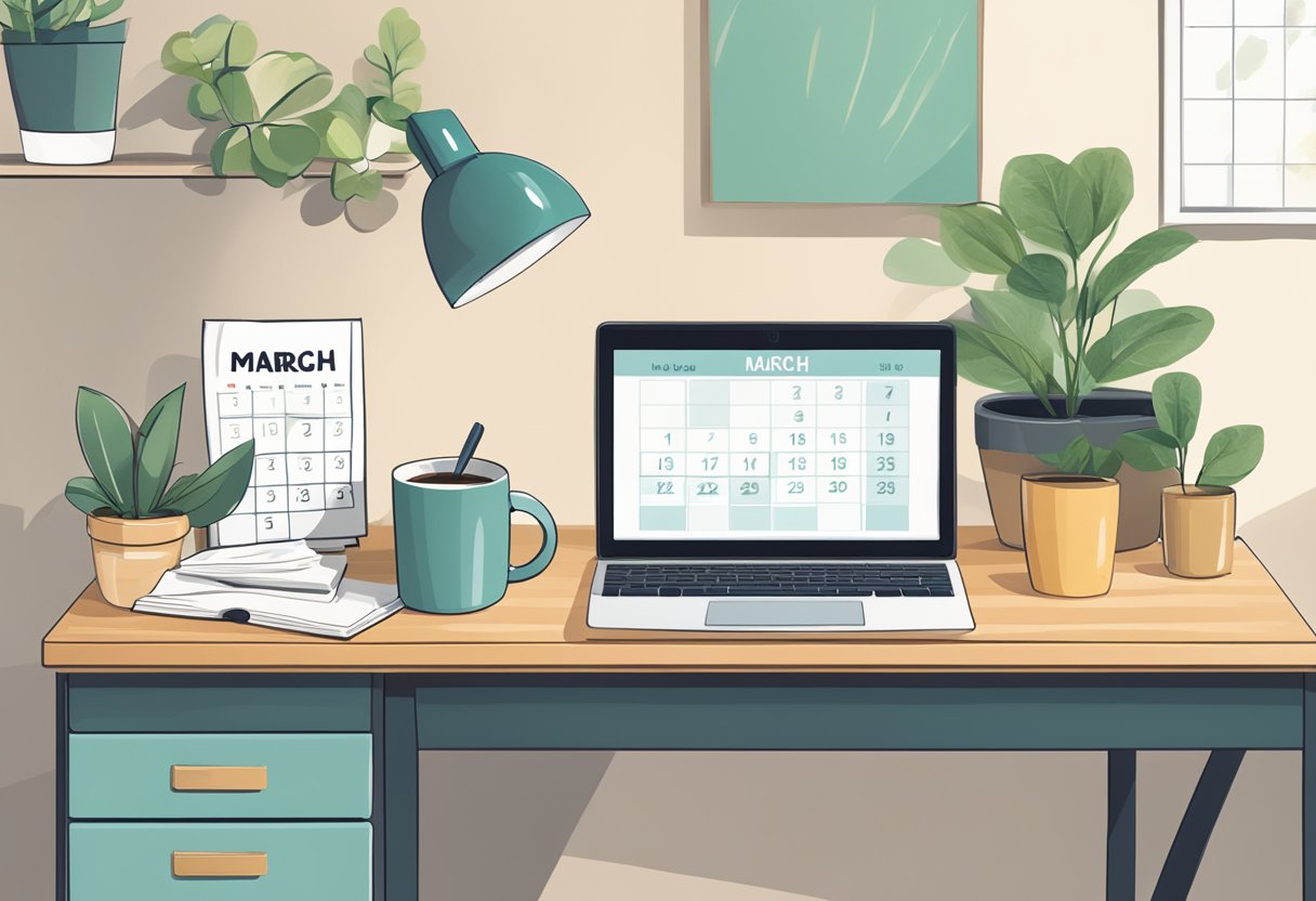 A desk with a computer, coffee mug, and a small potted plant. A calendar on the wall shows March 8th