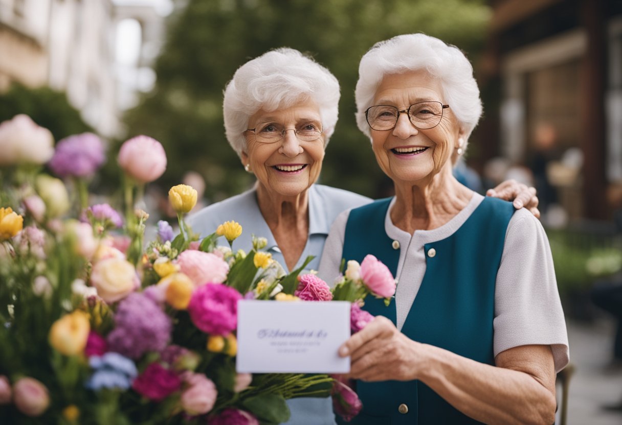 A grandmother smiling while receiving a bouquet of flowers and a handmade card for International Women's Day on March 8th