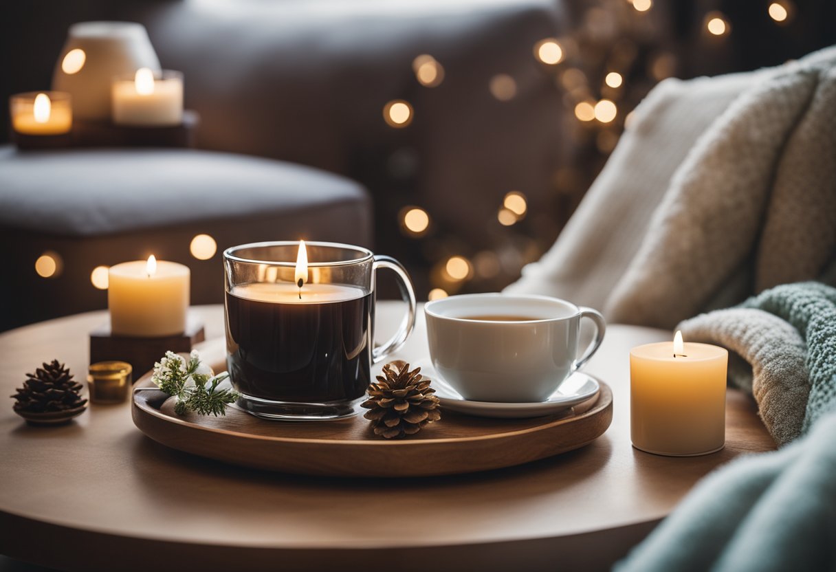 A cozy armchair surrounded by scented candles, a warm blanket, and a table filled with pampering gifts like lotions, bath oils, and a selection of herbal teas