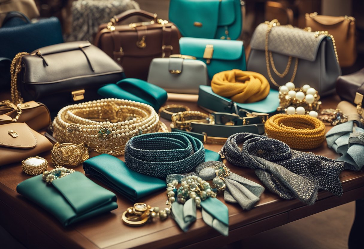 A table with various fashion accessories and clothing items, such as scarves, jewelry, and handbags, arranged neatly for purchase