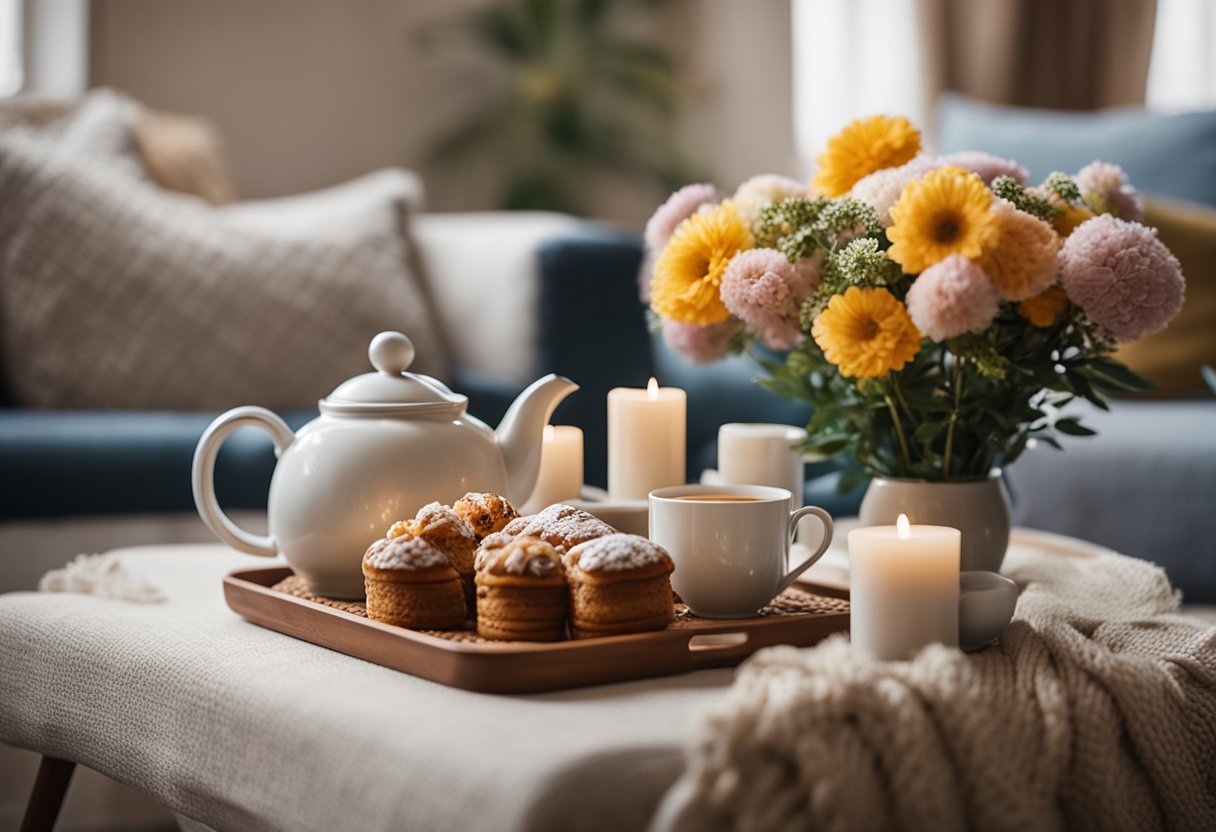 A cozy living room with a bouquet of flowers, a scented candle, and a handmade knitted blanket. A teapot and a tray of pastries sit on a coffee table