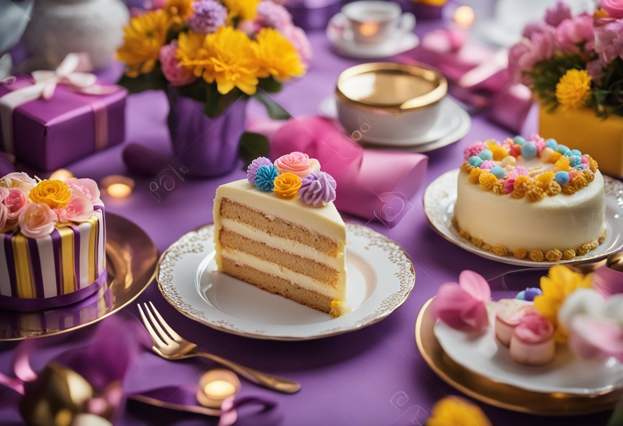 A table set with colorful decorations and a cake, surrounded by wrapped gifts and flowers for Grandma's International Women's Day celebration