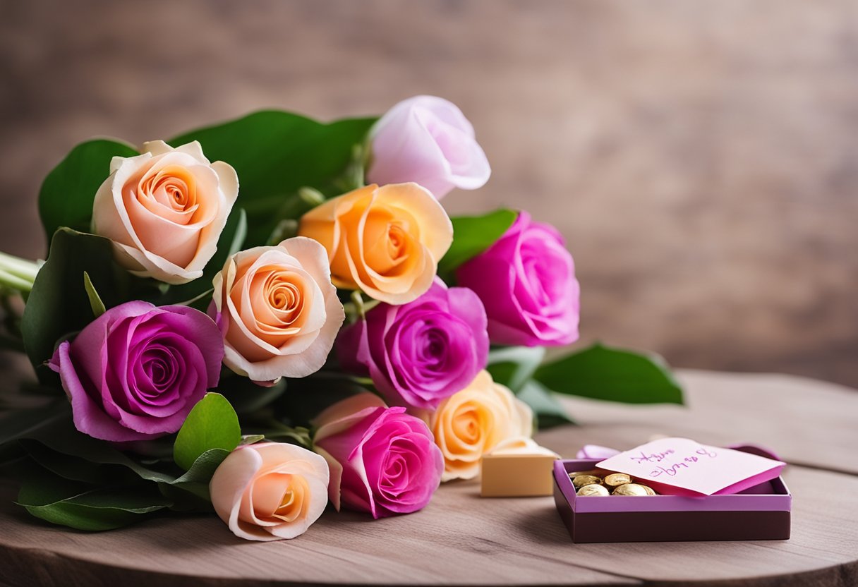 A colorful bouquet of flowers and a heart-shaped box of chocolates on a table, with a handwritten note that says "Happy 8th of March, Grandma!"