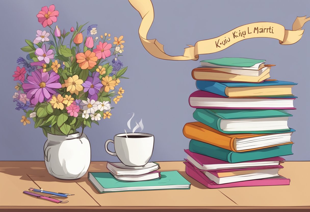 A stack of colorful books with a ribbon tied around them, surrounded by flowers and a small note with the words "Koju knjigu pokloniti za 8. mart?" on a table