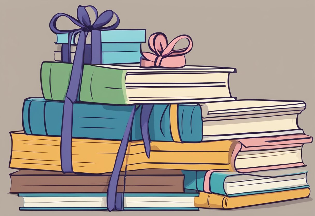 A stack of books with a ribbon and a tag that reads "Frequently Asked Questions: Which book to gift for March 8th?"
