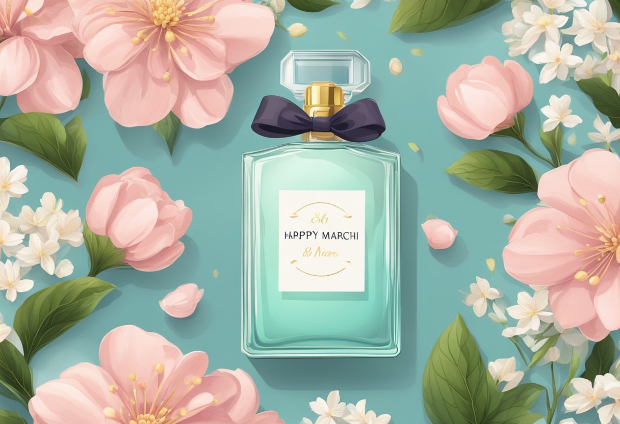 A bottle of perfume surrounded by blooming flowers and a ribbon, with a tag reading "Happy 8th of March" nearby