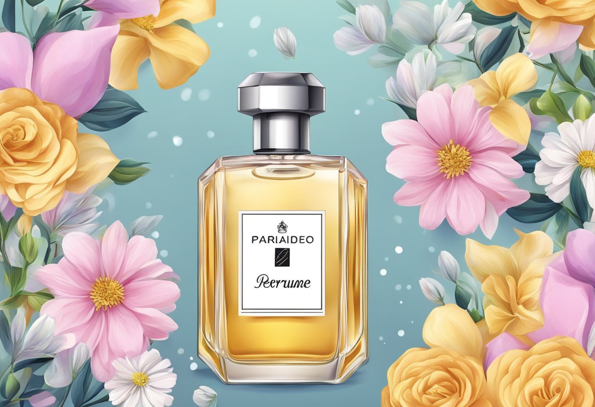 A bottle of perfume surrounded by flowers and a festive ribbon