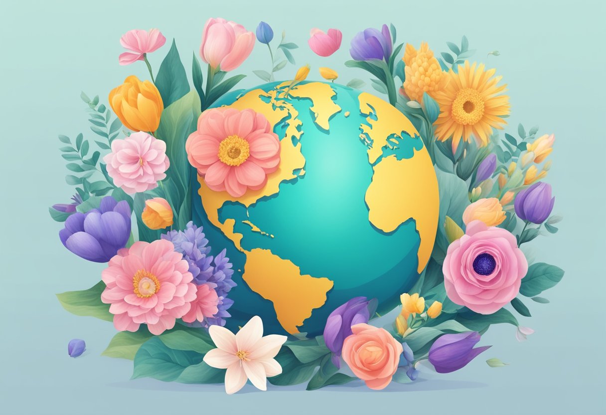 A group of flowers and symbolic items, such as a Venus symbol or a globe, arranged to represent the significance of International Women's Day on March 8th