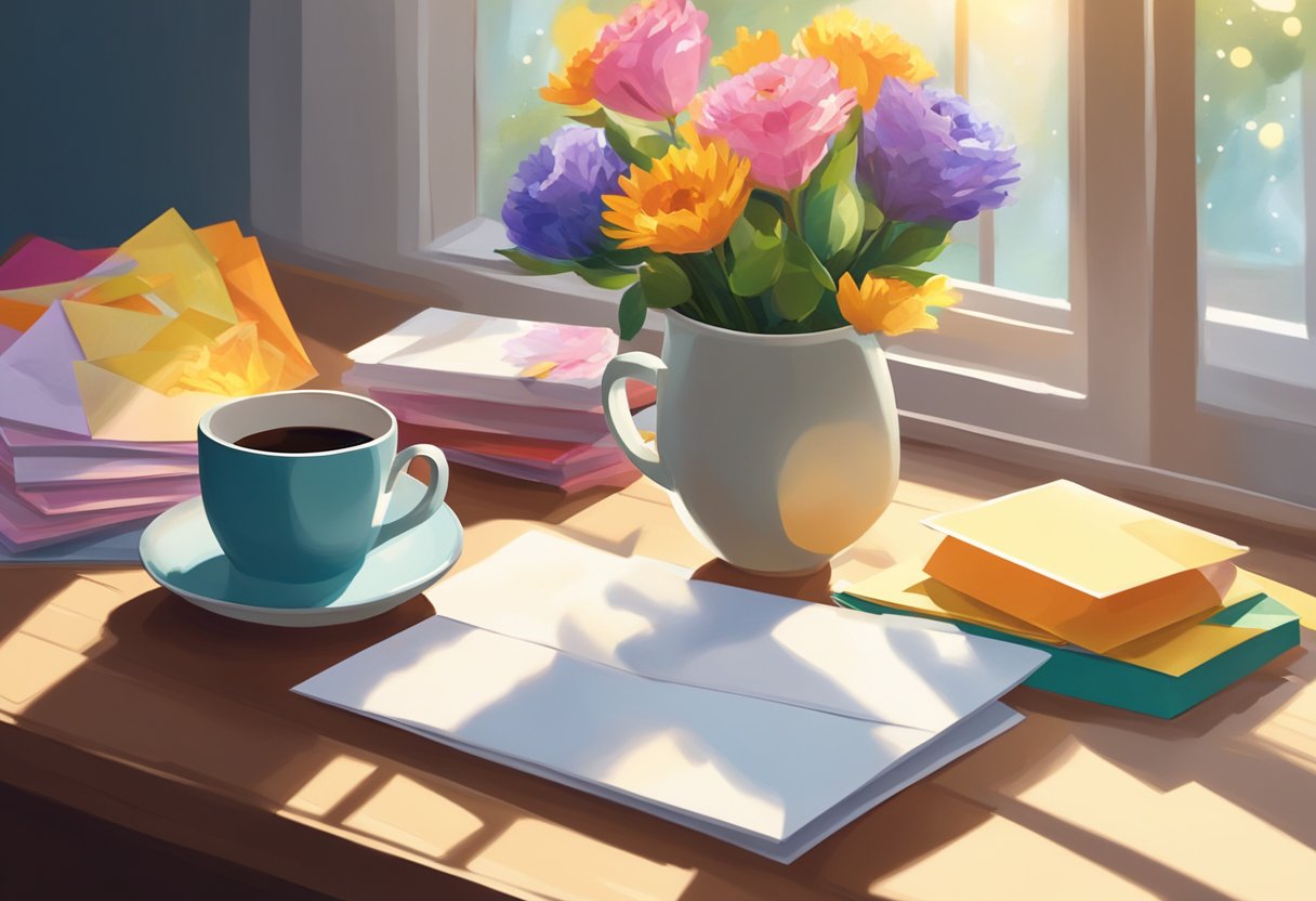 A table with a bouquet of flowers, a pile of colorful greeting cards, and a cup of coffee. Sunlight streaming in through a window, casting a warm glow on the scene