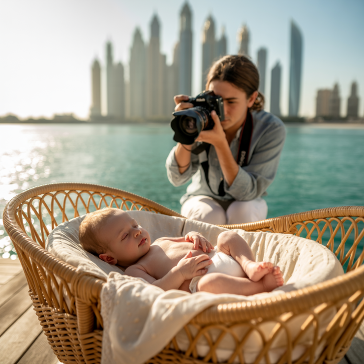 Fotograf slika bebu koja leži u ležaljci u Dubaiju pored mora