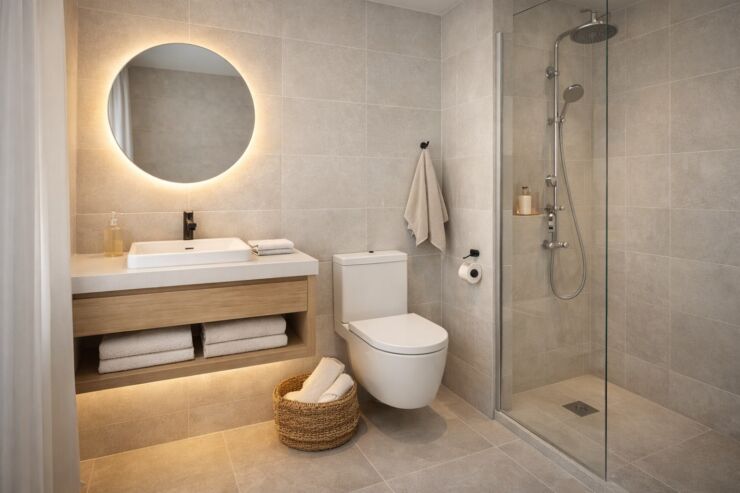 Malo moderno kupatilo u svetlim sivim tonovima sa tuš kabinom od stakla, zidnom WC šoljom, drvenim visećim ormarićem sa umivaonikom i okruglim osvetljenim ogledalom