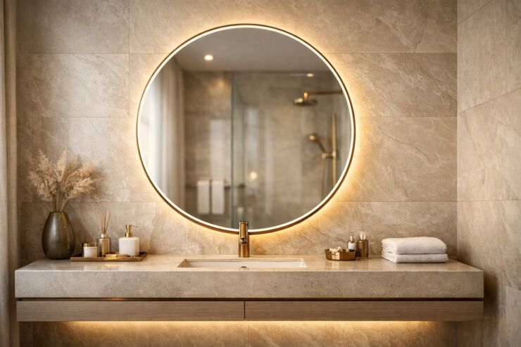 Veliko okruglo ogledalo u malom kupatilu koje vizuelno uvećava prostor