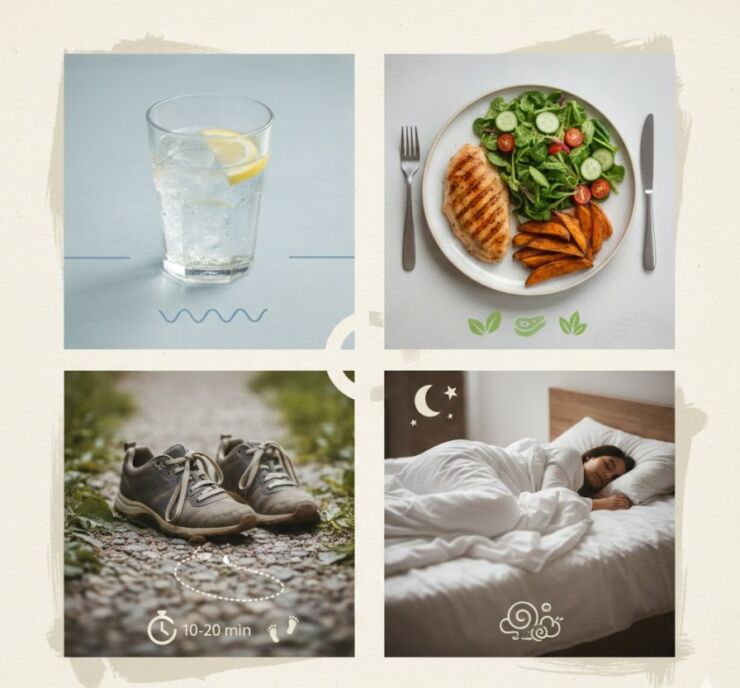 Voda, lagan obrok, šetnja i san