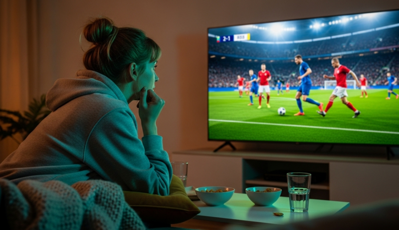 Žena gleda fudbalsku utakmicu na tv-u