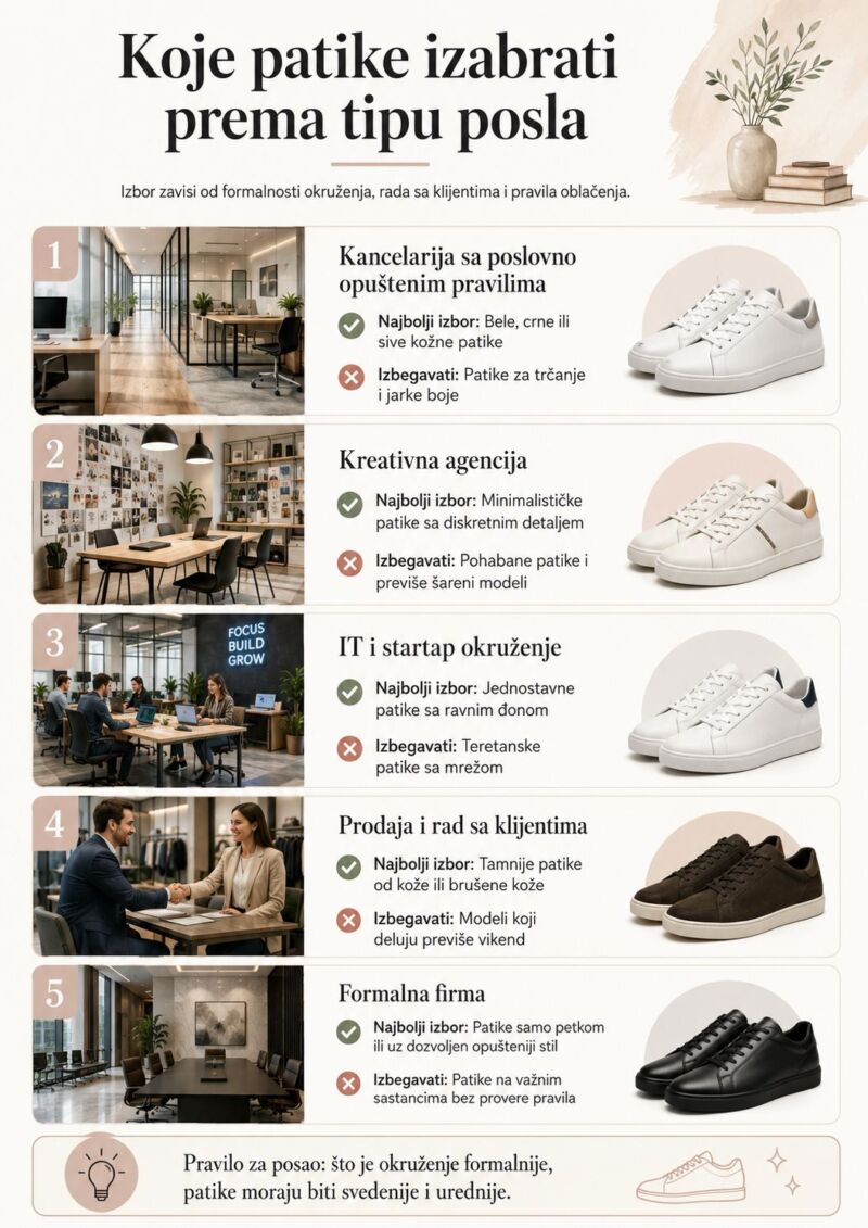 Infografik prikazuje koje patike izabrati prema tipu posla, uz pet radnih okruženja: kancelarija sa poslovno opuštenim pravilima, kreativna agencija, IT i startap okruženje, prodaja i rad sa klijentima i formalna firma, sa preporučenim modelima patika i stvarima koje treba izbegavati.