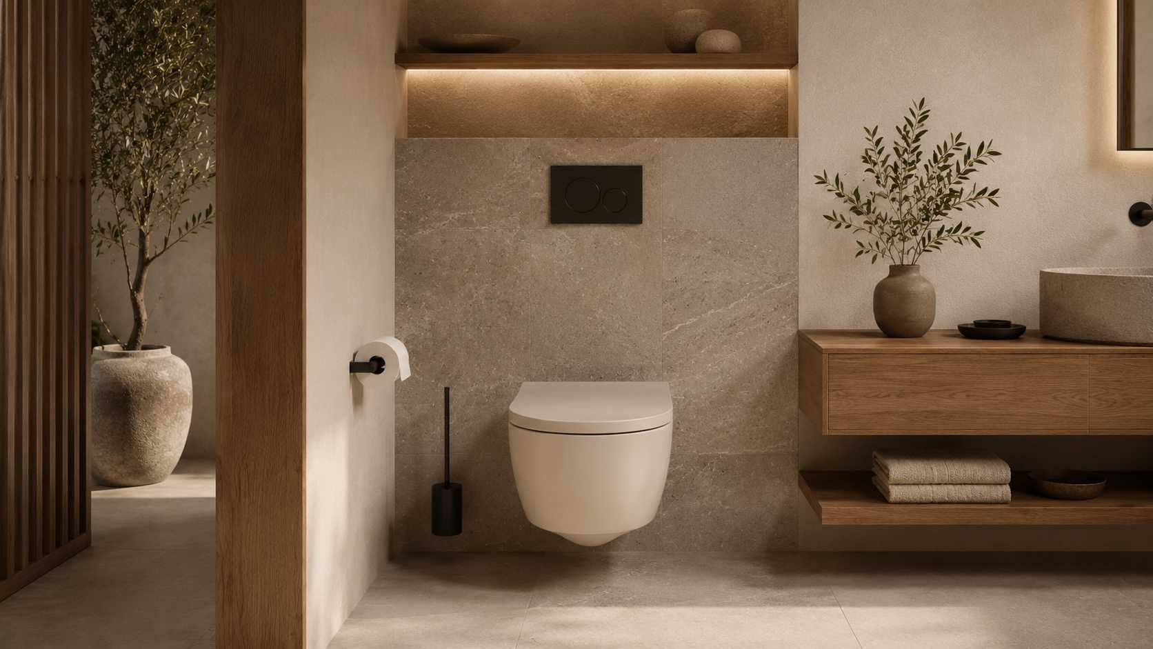 Viseća wc šolja sa ugradnim vodokotlićem u modernom kupatilu sa kamenom, drvetom i crnim detaljima.