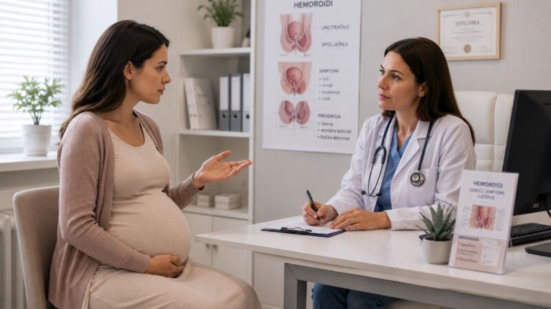 Trudnica razgovara sa lekarkom o simptomima spoljašnjih hemoroida i jakom bolu koji može zahtevati stručnu medicinsku procenu.